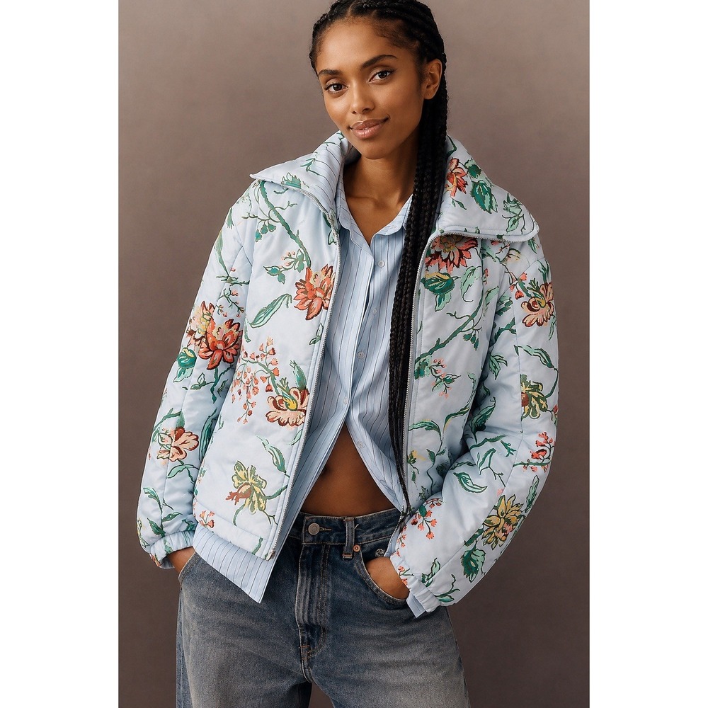 Anthropologie Dahlia Floral Bomber Jacket XL Blue Embroidered Cottagecore NWOT